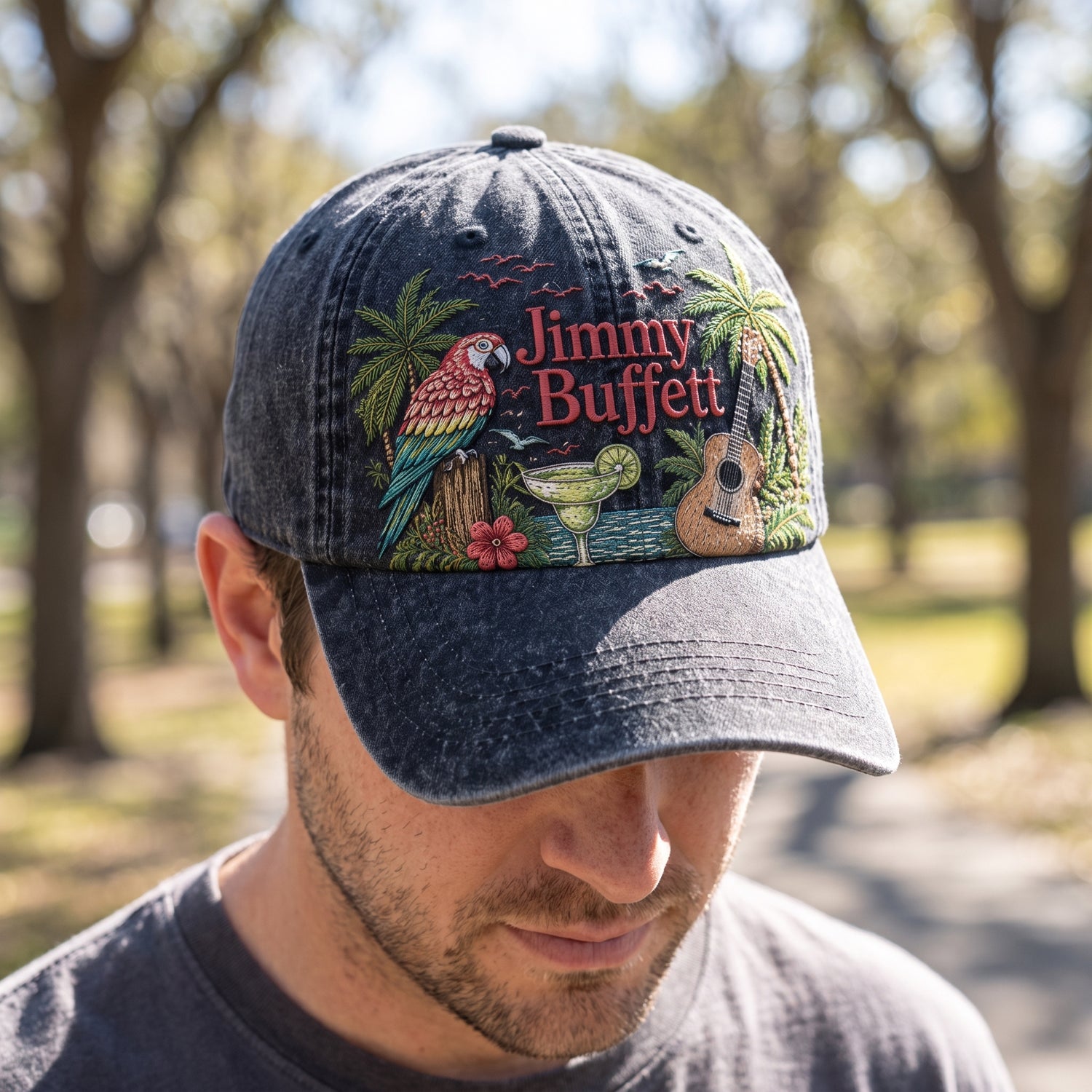Jimmy Buffett Tropical Paradise Embroidered Vintage Denim Cap