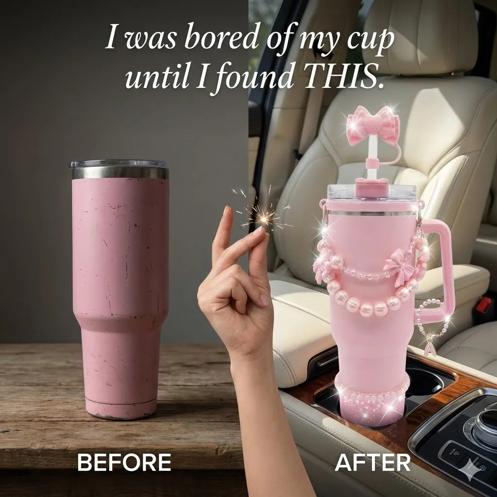 Premium New 7pcs Coquette Pink Bow Accessories Set for Stanley 30oz 40oz Tumbler - Includes Pearl Handle Chain for Cup Decor