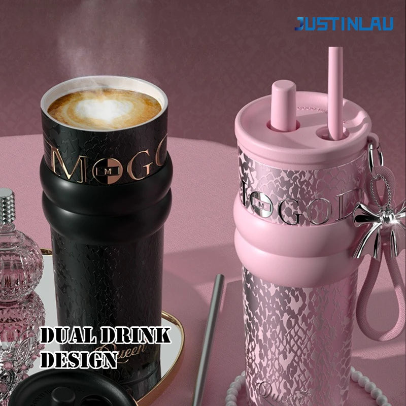 JUSTINLAU 710ML Aurora Goddess Thermos Cup Ceramic Coated Straw Cup with Carrying Rope and Pendant Waterbottle Exquisite Gift