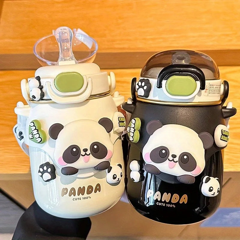 Insulated Stainless Steel Straw Water Bottle Cup Cute Panda Drinking Bottle with Adjustable Strap Handle for Gym Hiking School