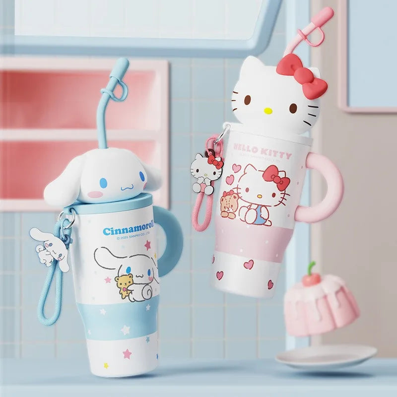 X&W 580ML Sanrio Series Thermos 316 Stainless Steel Doll Head Design Straw Insulated Cup Hello Kitty Kuromi Water Bottle Cutecup