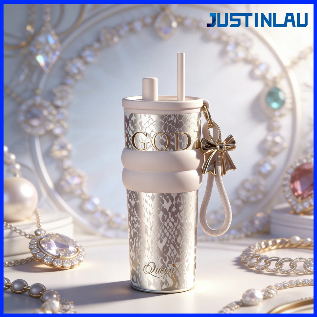 JUSTINLAU 710ML Aurora Goddess Thermos Cup Ceramic Coated Straw Cup with Carrying Rope and Pendant Waterbottle Exquisite Gift
