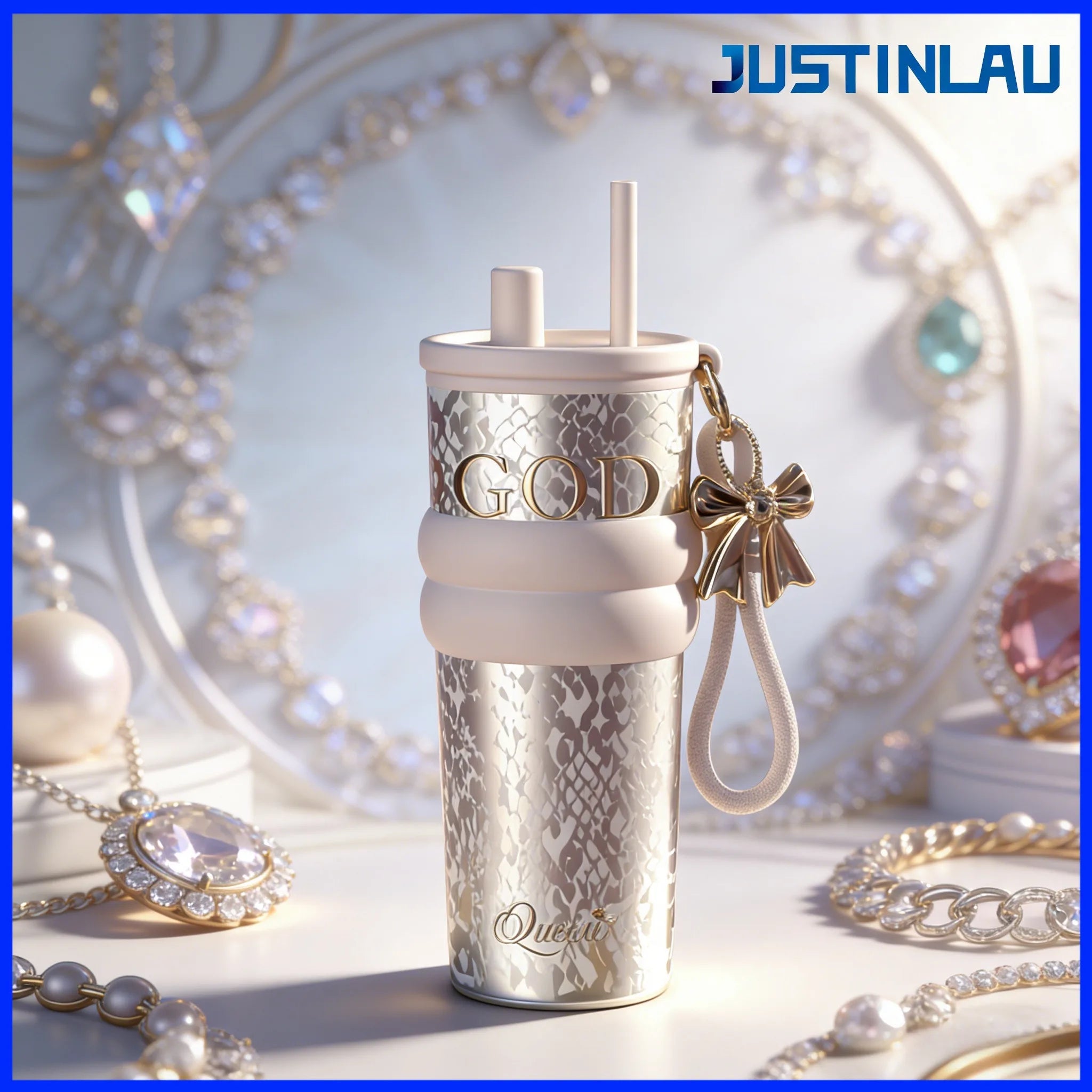 JUSTINLAU 710ML Aurora Goddess Thermos Cup Ceramic Coated Straw Cup with Carrying Rope and Pendant Waterbottle Exquisite Gift
