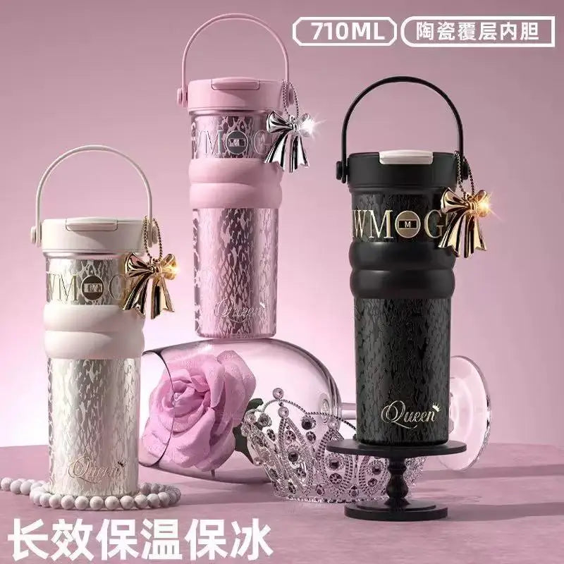 Ceramic dual drink coffee cup with large capacity, high aesthetic value, portable straw, gift, water cup wholesale