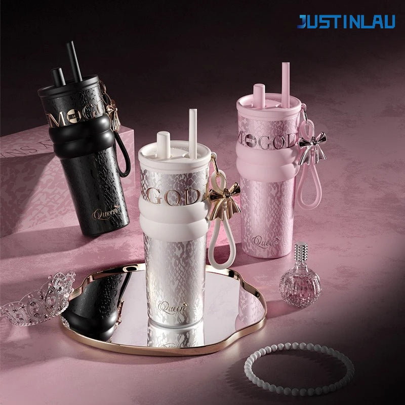 JUSTINLAU 710ML Aurora Goddess Thermos Cup Ceramic Coated Straw Cup with Carrying Rope and Pendant Waterbottle Exquisite Gift