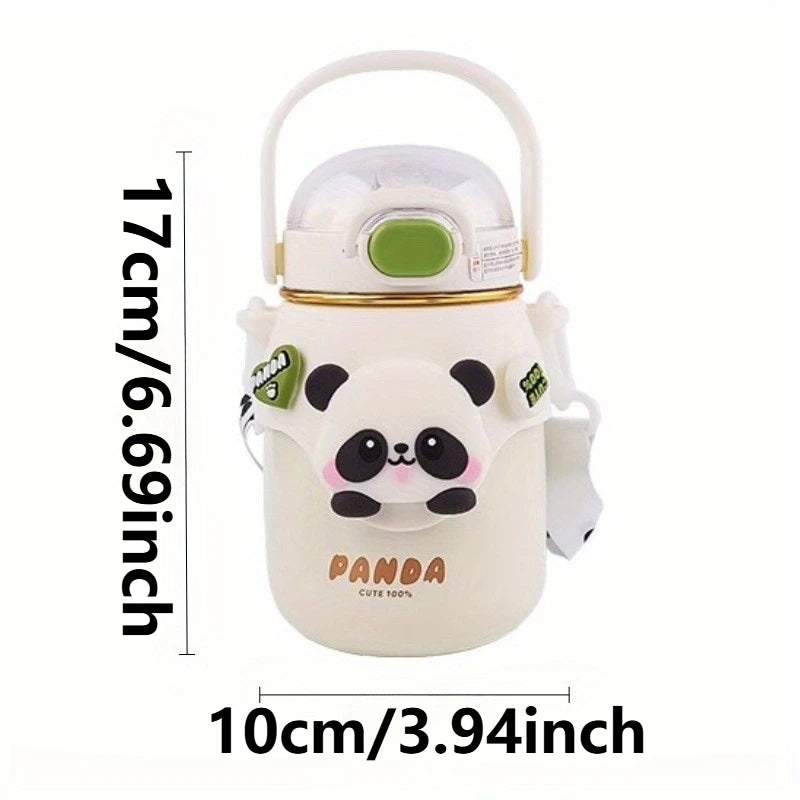Insulated Stainless Steel Straw Water Bottle Cup Cute Panda Drinking Bottle with Adjustable Strap Handle for Gym Hiking School