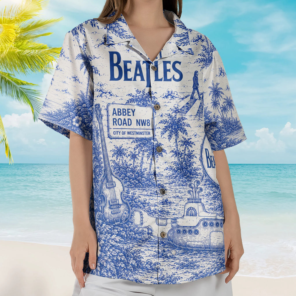 The Beatles Toile De Jouy Hawaiian Shirt - Unisex Vintage Abbey Road Submarine Blue Line Art Summer Button Up