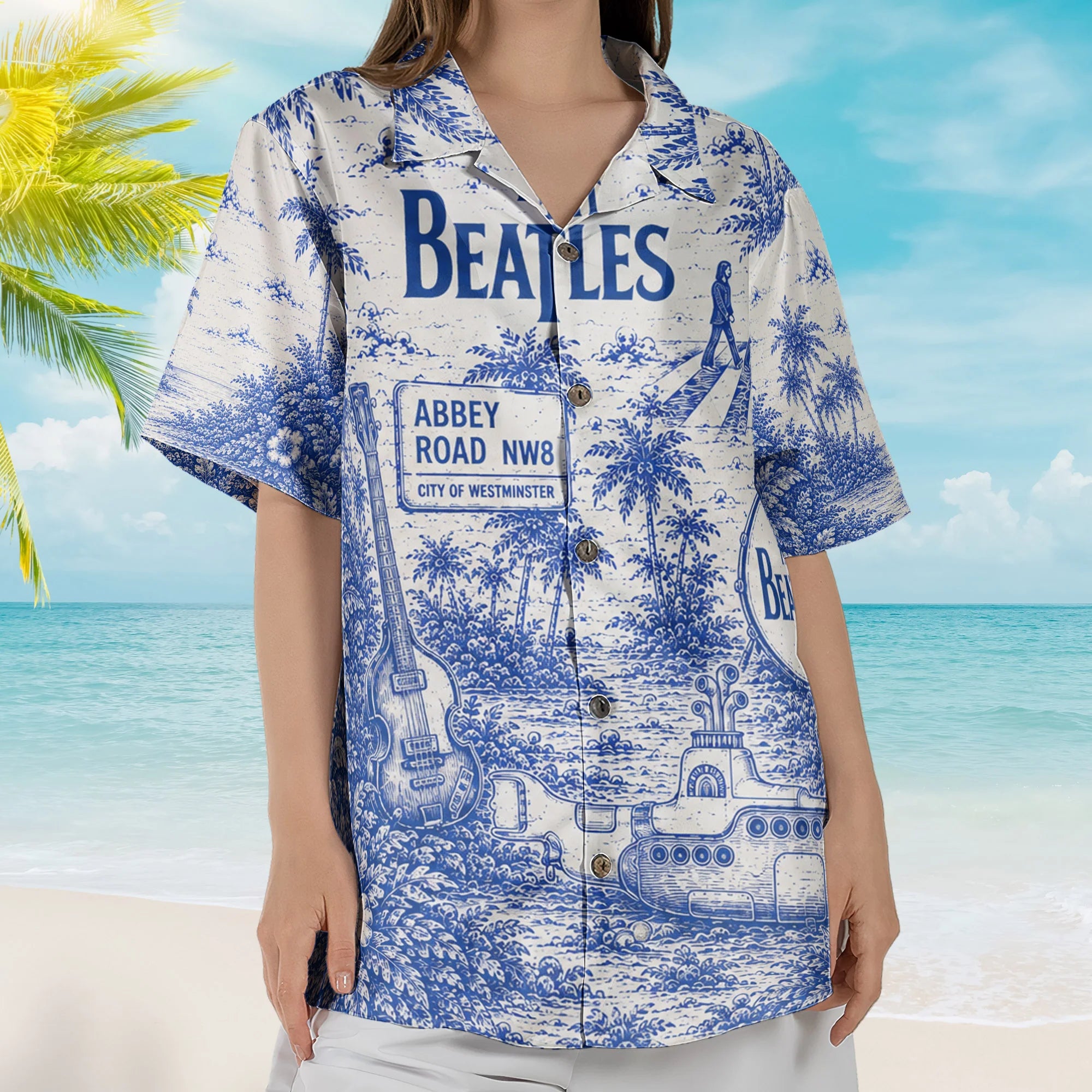 The Beatles Toile De Jouy Hawaiian Shirt - Unisex Vintage Abbey Road Submarine Blue Line Art Summer Button Up
