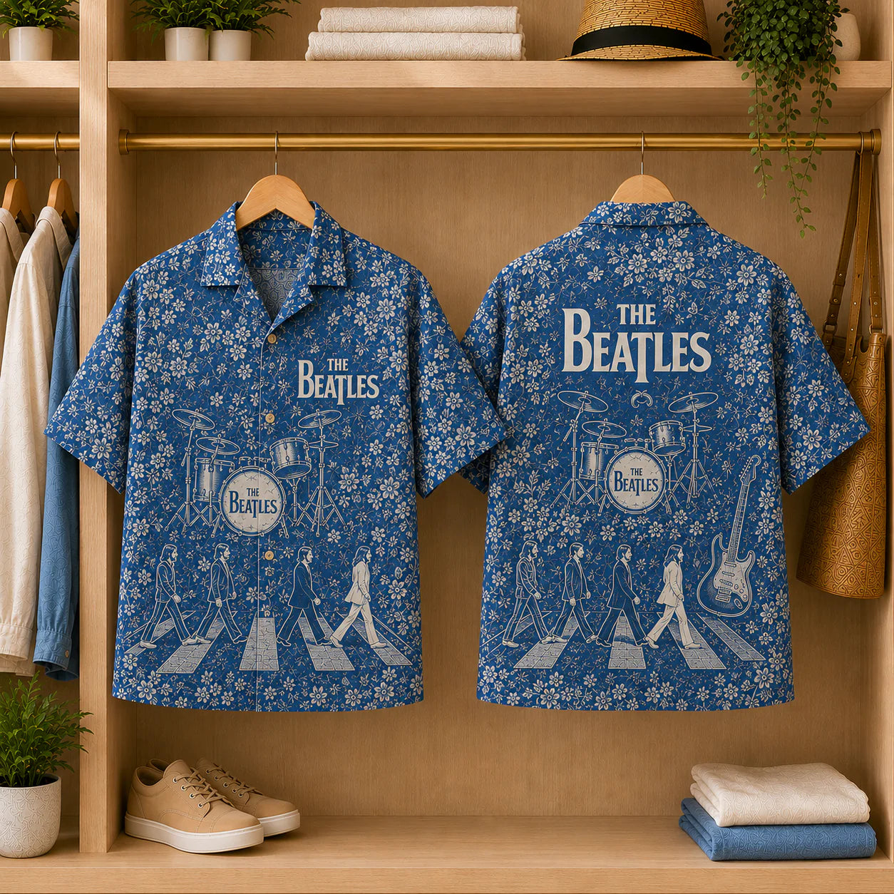 The Beatles Blue Toile Hawaiian Shirt - Abbey Road Vintage Floral AOP Summer Button-Up Shirt