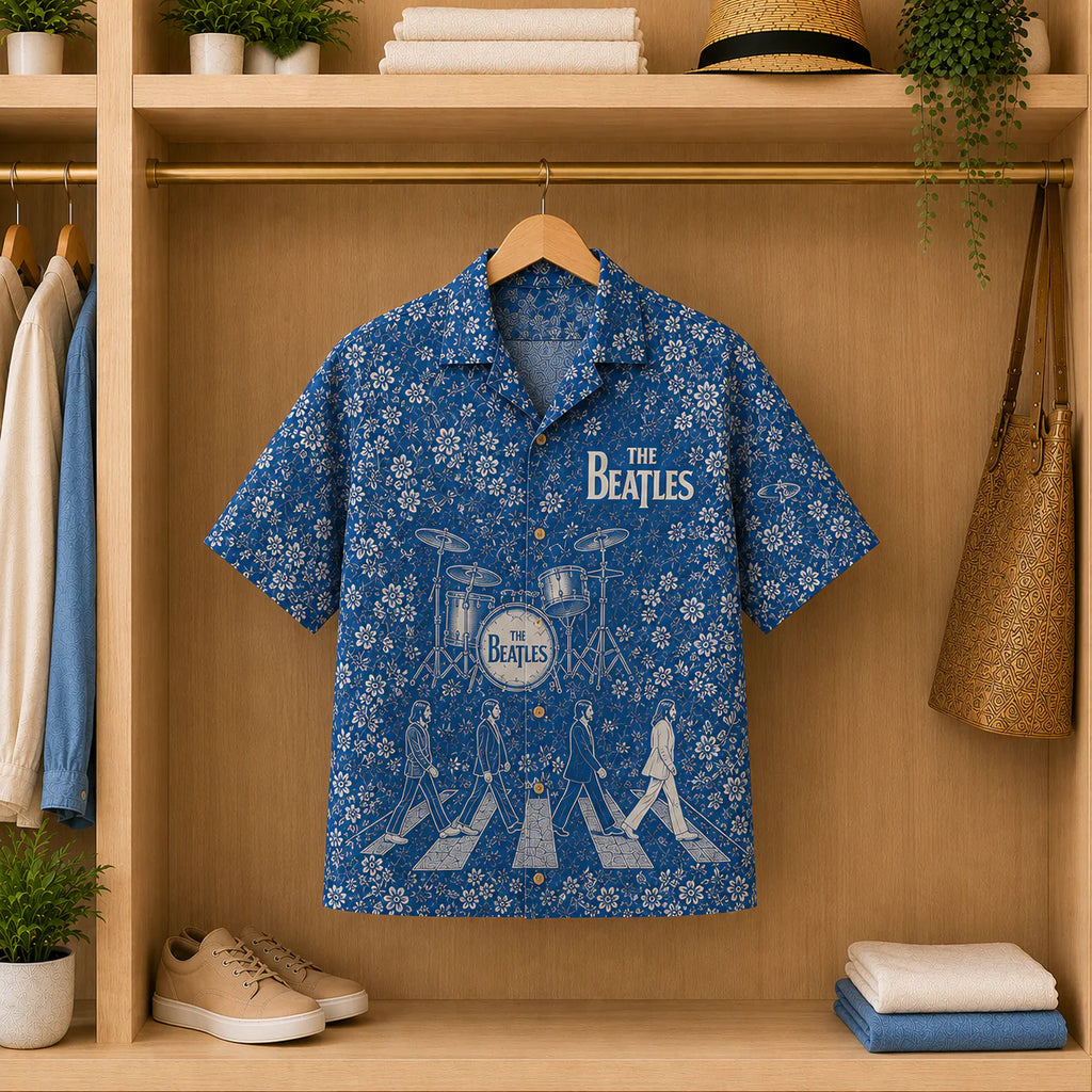The Beatles Blue Toile Hawaiian Shirt - Abbey Road Vintage Floral AOP Summer Button-Up Shirt
