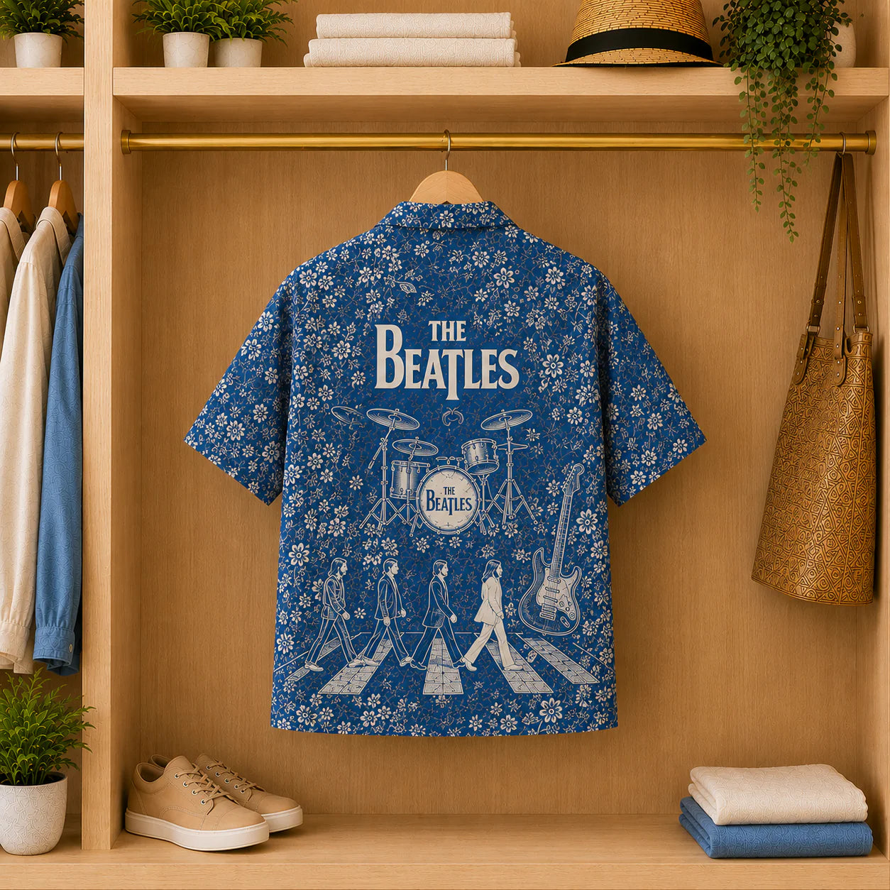 The Beatles Blue Toile Hawaiian Shirt - Abbey Road Vintage Floral AOP Summer Button-Up Shirt