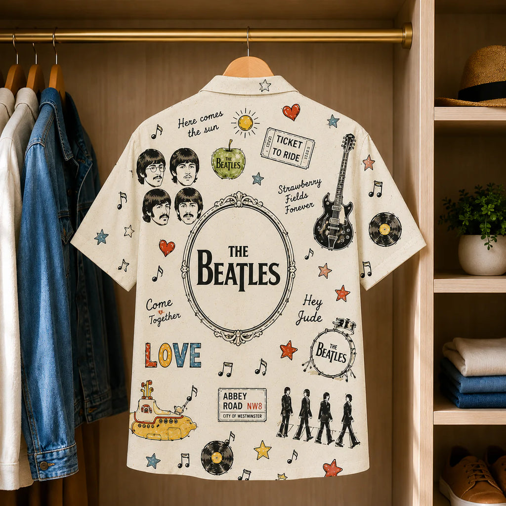 The Beatles Vintage Sketch Hawaiian Shirt - Abbey Road Music Icons All-Over Print Button-Up Shirt