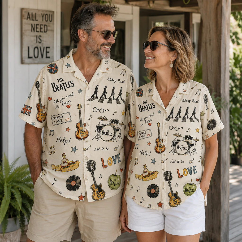 The Beatles Vintage Sketch Hawaiian Shirt - Abbey Road Music Icons All-Over Print Button-Up Shirt